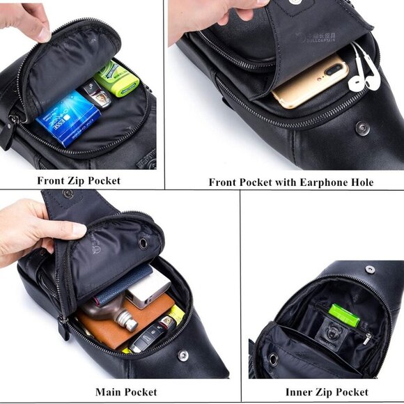 Genuine Leather Sling Bag with USB Charging Port Multi-pocket Chest Bag for Men - Picture 6 of 6